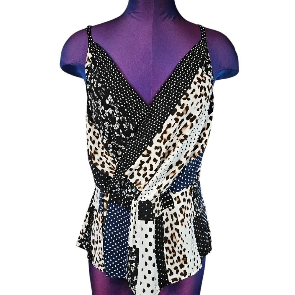 Cabi Chiffon Animal Print Polka Dot Faux Wrap Sleeveless Blouse Size 6 Women Q55